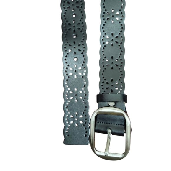 Black Leather Scalloped Cutout Belt Floral Laser Cut Silver Buckle Women Sze48in - Picture 5 of 9